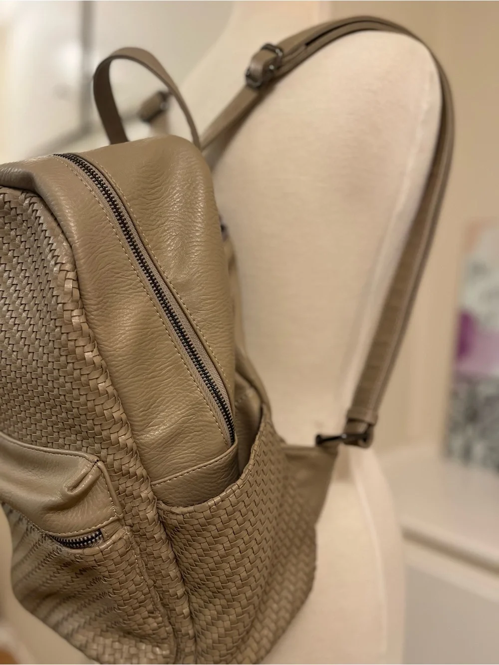Madison West Tan/Taupe Vegan Leather Woven Backpack